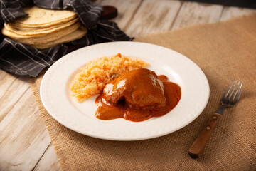 Pipian with Chicken, food from Mexico and other Latin American countries, chicken meat bathed in mole sauce made with pumpkin seeds, dried chili peppers and several other ingredients.