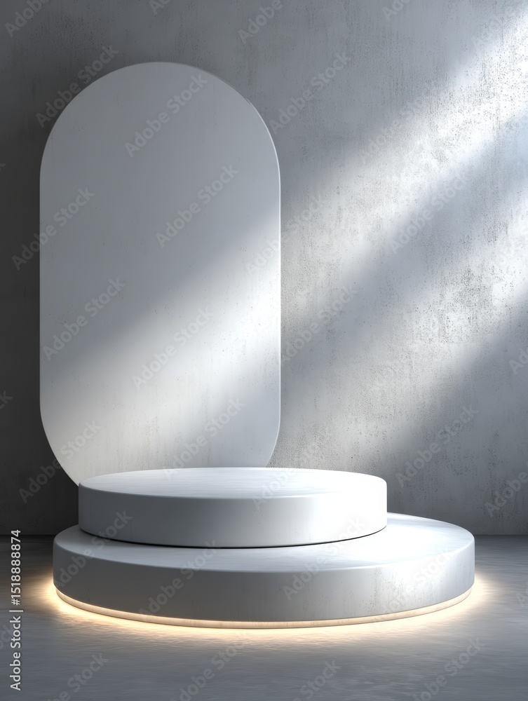 Poster minimalist white round display podium with architectural elements and soft lighting