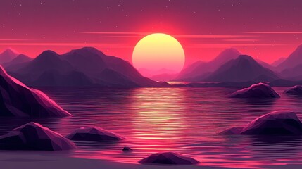 Vibrant sunset over a tranquil, polygonal landscape