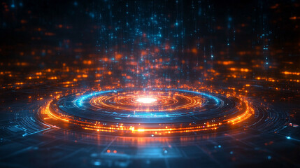 Futuristic magic portal with hologram effects, glowing in a circular shape. A blend of sci-fi technology and fantasy, ideal for teleportation or tech themes with radiant light and abstract design.

