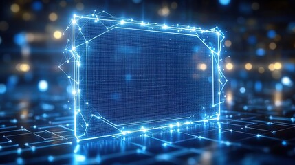Futuristic digital display, framed by glowing lines and points on a circuit board