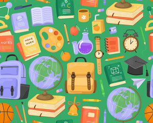 Seamless pattern, school supplies on green background. Globe, backpack, book, watch, notebook, pencil, bell, palette. Cute childish ornament for fabric, paper, print.