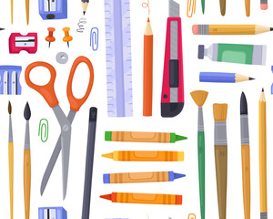 Seamless pattern, stationery, art supplies, school items, office tools on white background. Pencils, brushes, tubes of paint, sharpener, crayons, ruler, scissors, knife.