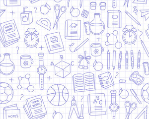 Seamless pattern, checkered notebook sheet of papers with doodle outline illustrations of school supplies, white background. Globe, backpack, book, watch, pencil.