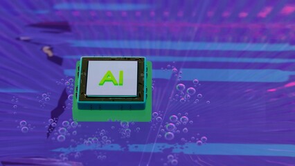 AI microchip floating over colorful reflective surface