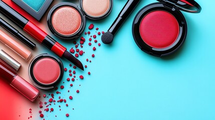 Colorful makeup products arranged on a vibrant background