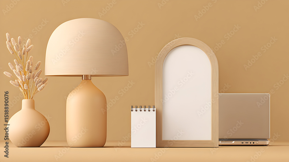 Poster modern-style workspace in a muted earth-tone color scheme featuring a table lamp, vase with dried gr