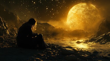 Contemplative figure gazes at celestial body in a distant planet landscape