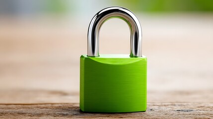 Shiny green padlock on wooden surface