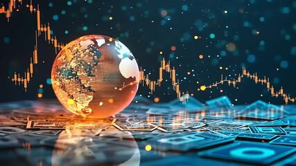 Illuminated globe resting on currency notes with financial charts and bokeh background, symbolizing global economy - Powered by Adobe