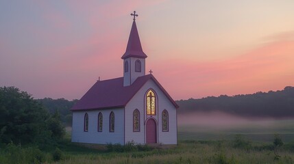 Fototapeta premium Serene rural church with a tall steeple and stained glass du sunset, surrounded by lush greenery and misty landscape at dusk