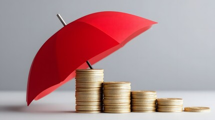 Stacked coins protected by a red umbrella, symbolizing financial security and investment.