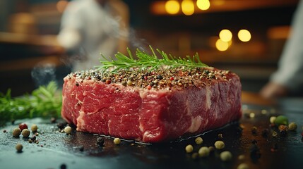 A seasoned steak resting on a dark surface, ready to cook