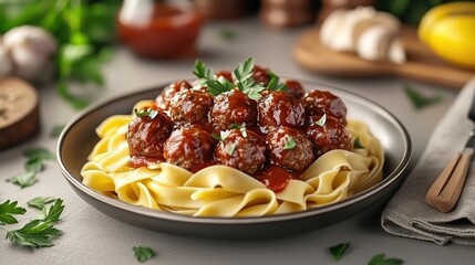 Meatballs over pasta, bathed in rich tomato sauce.  Fresh parsley adds a touch of vibrant green