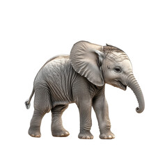 Obraz premium Baby elephant standing with large ears and wrinkled skin, showing gentle and curious expression. Png, Transparent background.