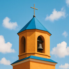 A church bell tower with an orange body, blue roof, and cross, set against a blue sky with clouds.