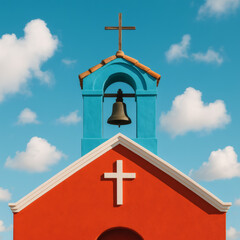 A church with a cross, bell tower, red roof, and blue spire under a cloudy sky.