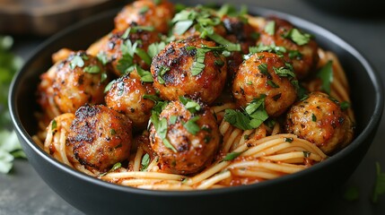 Delicious pasta with meatballs in a rich tomato sauce