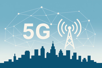 “5G” with a signal tower and city skyline on a light blue, tech - themed background.