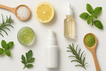Natural skincare products with lemon, herbs, and bottles, showcasing organic beauty items.