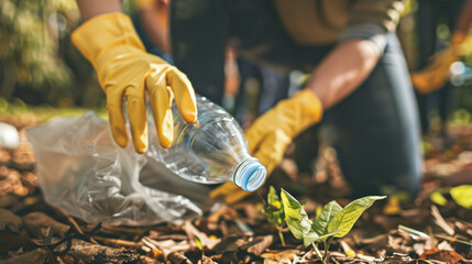 volunteer wearing yellow gloves picking up a plastic bottle in the park and placing it in a waste bag, with a group of volunteers blurred in the background, highlighting a spring clean-up effort.