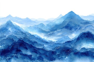abstract indigo light blue watercolor waves mountains on white background. High quality