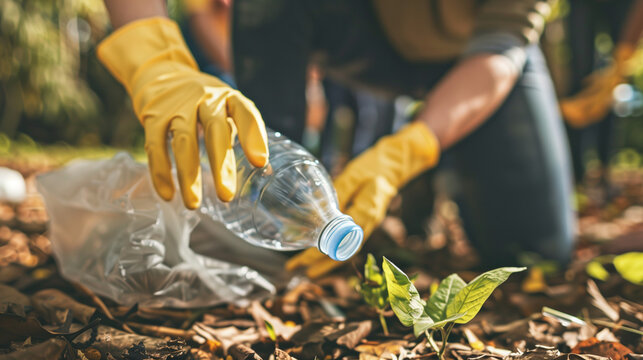 volunteer wearing yellow gloves picking up a plastic bottle in the park and placing it in a waste bag, with a group of volunteers blurred in the background, highlighting a spring clean-up effort.