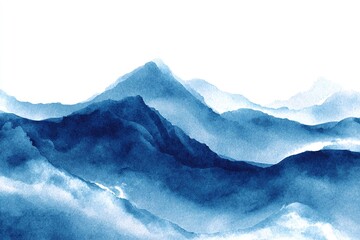 abstract indigo light blue watercolor waves mountains on white background. High quality