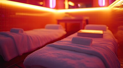Two massage beds in a spa room, ready for clients. Warm lighting and white towels