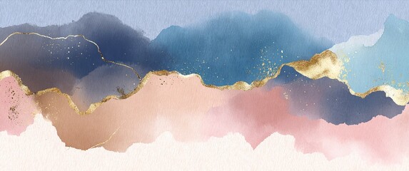 Watercolor art background vector. Wallpaper design with paint brush and gold line art. Earth tone blue, pink, ivory, beige watercolor Illustration for prints, wall art, cover and invitation cards.