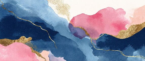 Watercolor art background vector. Wallpaper design with paint brush and gold line art. Earth tone blue, pink, ivory, beige watercolor Illustration for prints, wall art, cover and invitation cards.