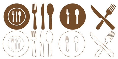 Fork, spoon, knife and plate. Menu symbol. Tableware instruments. Restaurant icon. Food, plate, fork, knife, spoon, cutlery icon set.