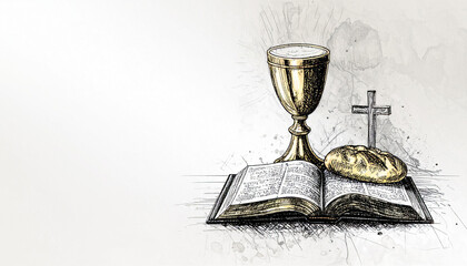 Sketch Depicting Scriptures with a Chalice of Red Wine and Loaf of Bread for the Christian Celebration of Holy Communion 307