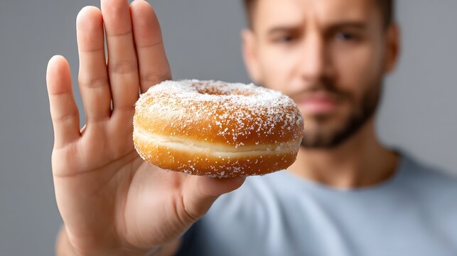 Man resisting the temptation of a donut to maintain weight control.