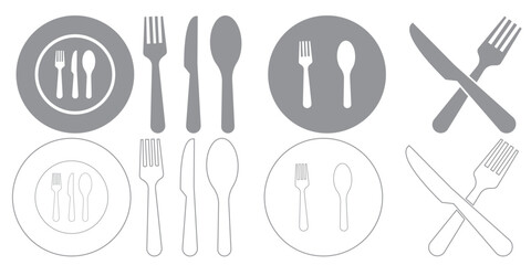 Obraz premium Fork, spoon, knife and plate. Menu symbol. Tableware instruments. Restaurant icon. Food, plate, fork, knife, spoon, cutlery icon set.