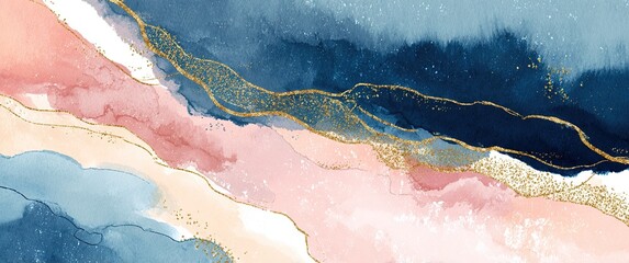 Watercolor art background vector. Wallpaper design with paint brush and gold line art. Earth tone blue, pink, ivory, beige watercolor Illustration for prints, wall art, cover and invitation cards.
