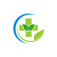 Nature green leaves with medical cross incorporating vector logo