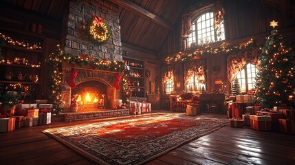 Obraz premium Cozy Christmas living room with fireplace and decorated trees