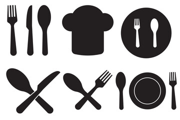 Fork, knife, plate and spoon. Menu symbol. Restaurant icon. Food, plate, fork, knife, spoon, cutlery icon set. Vector