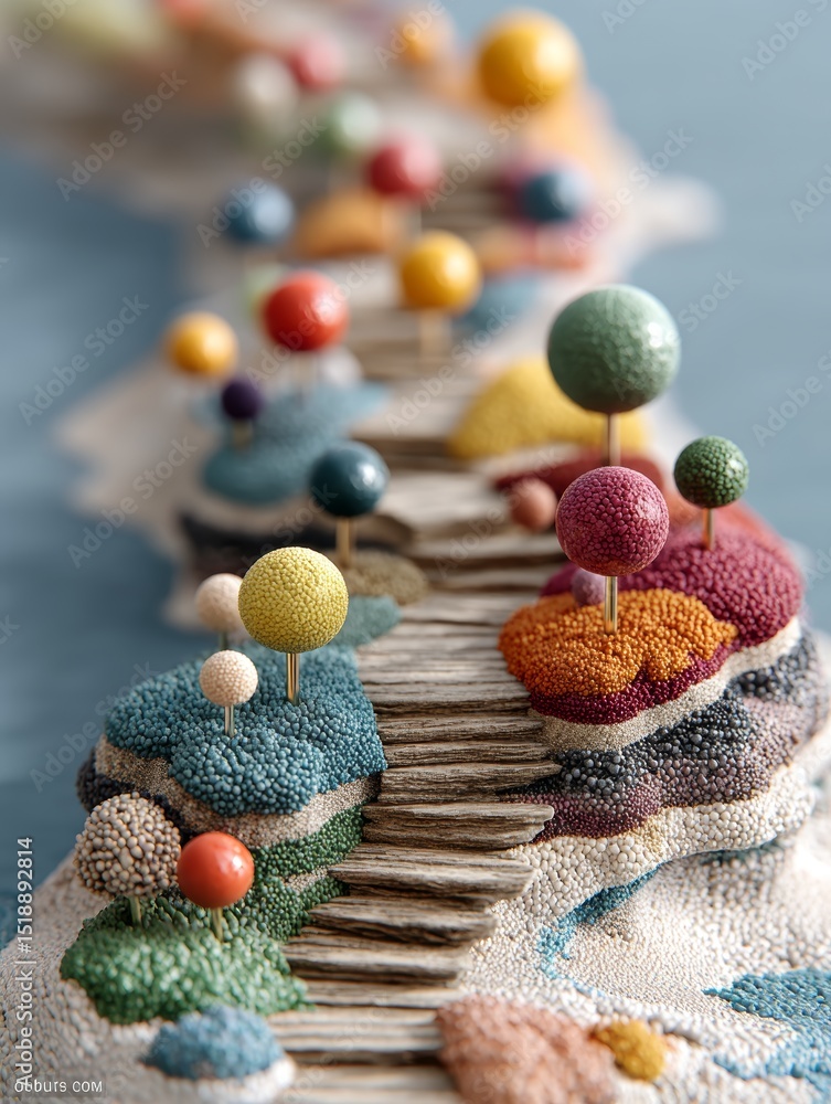 Poster colorful symbolic pathway with textured elements representing user experience journey