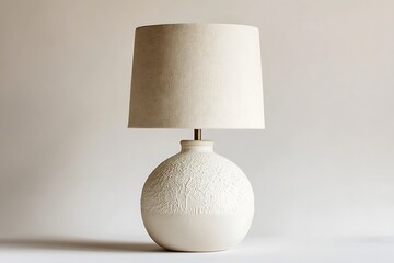 A simple table lamp with a textured base and a neutral lampshade sitting on a white surface