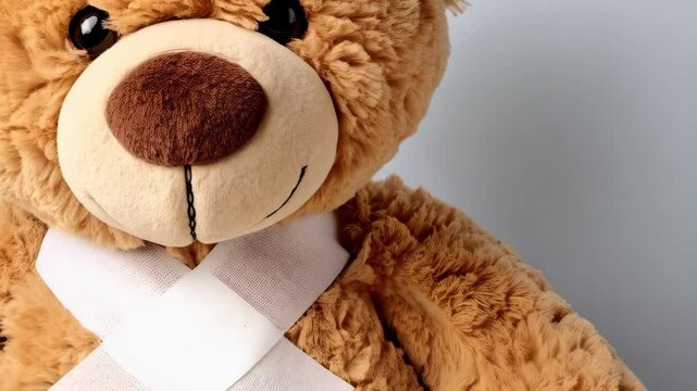 Injured plush bear with crossed bandages on a light gray background implying the concept of healing and comforting