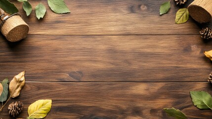 Autumnal wooden background with leaves & pine cones