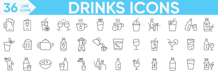 Drinks icon set.coffee, tea, drinking, glass, soda, cocktail, cold soda, Drink alcohol, bar bottles, shot glasses, bottle, wine, beverage and more.Vector and illustrator set.