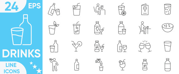 Drinks icon set.coffee, tea, drinking, glass, soda, cocktail, cold soda, Drink alcohol, bar bottles, shot glasses, bottle, wine, beverage and more.Vector and illustrator set.