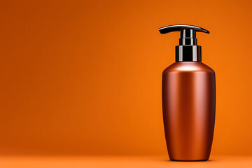 Obraz premium Elegant Bronze Bottle of Lotion on a Vibrant Orange Background Highlighting Its Design and Texture for Skincare Product Promotion