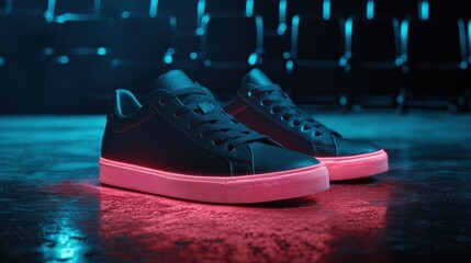 Stylish black sneakers with glowing pink soles on reflective surface.