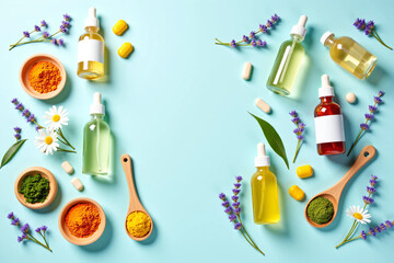 Herbal Supplements, Colorful Capsules, Essential Oils, Healing Flowers, and Natural Powders Like Turmeric and Spirulina Arranged with Fresh Botanicals on a Clean Pastel Background