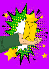 Cartoon, comic book human hands holding Letter Envelope. Retro vector comics pop art design.