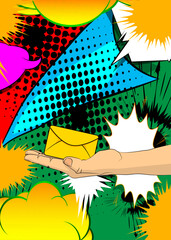 Cartoon, comic book human hands holding Letter Envelope. Retro vector comics pop art design.